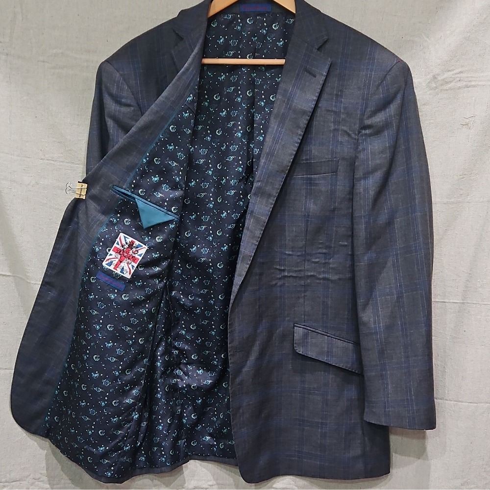 English Laundry 46R Gray/Blue Plaid Suit Jacket 2-Button Notch Lapel Vent